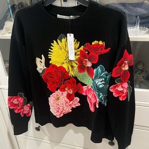 Alice + Olivia Black Sweater with Vibrant Floral Embroidery